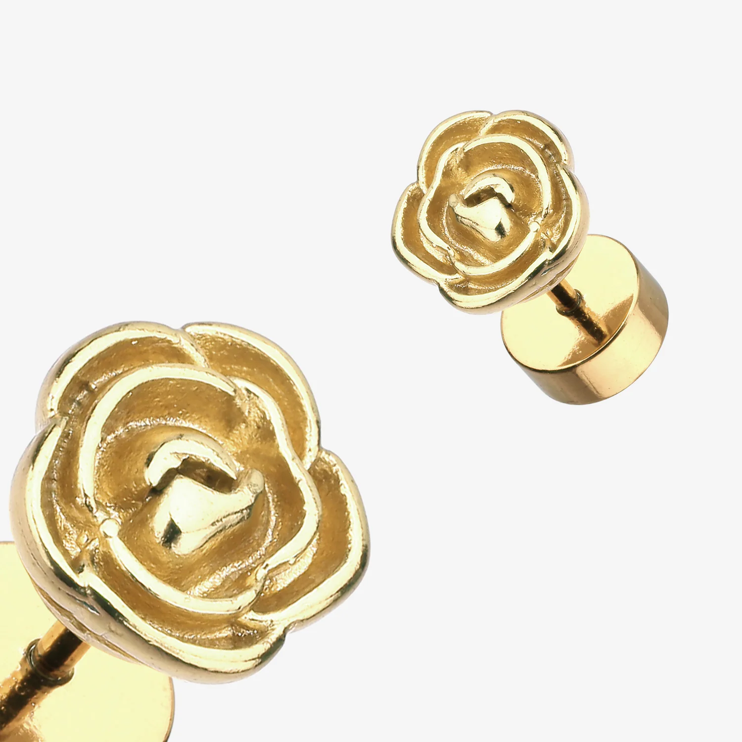 A Pair of Golden Rose Blossom Steel Fake Plug Earring - Image 2