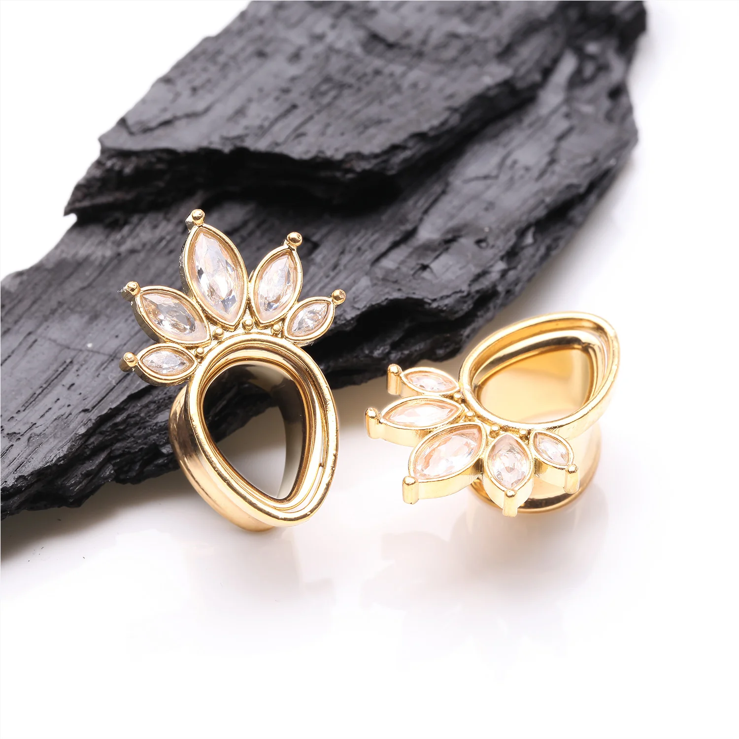 A Pair of Golden Royal Marquise Floral Sparkle Teardrop Double Flared Tunnel Plug - Image 2