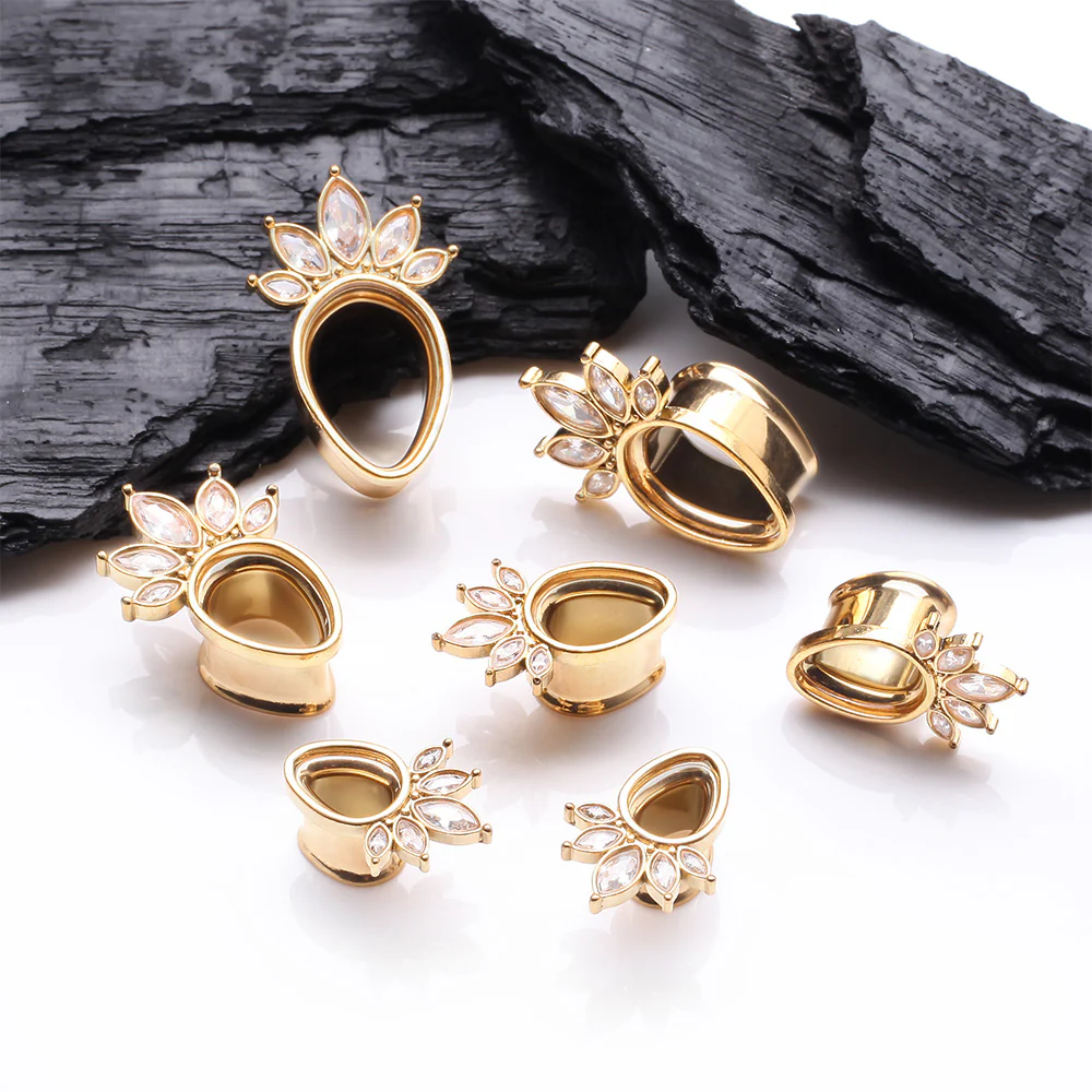 A Pair of Golden Royal Marquise Floral Sparkle Teardrop Double Flared Tunnel Plug - Image 3