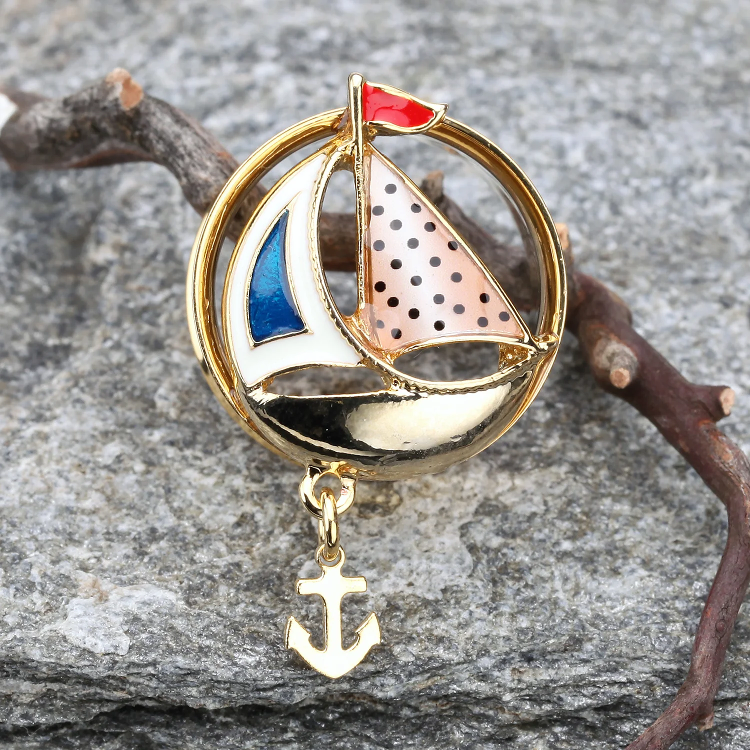 A Pair of Golden Sail Boat Anchor Dangle Steel Ear Gauge Plug - Image 2