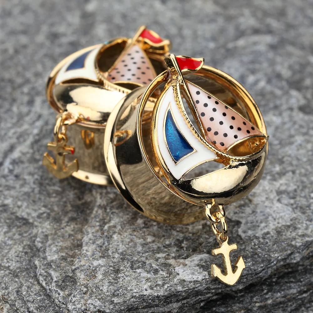 A Pair of Golden Sail Boat Anchor Dangle Steel Ear Gauge Plug - Image 3