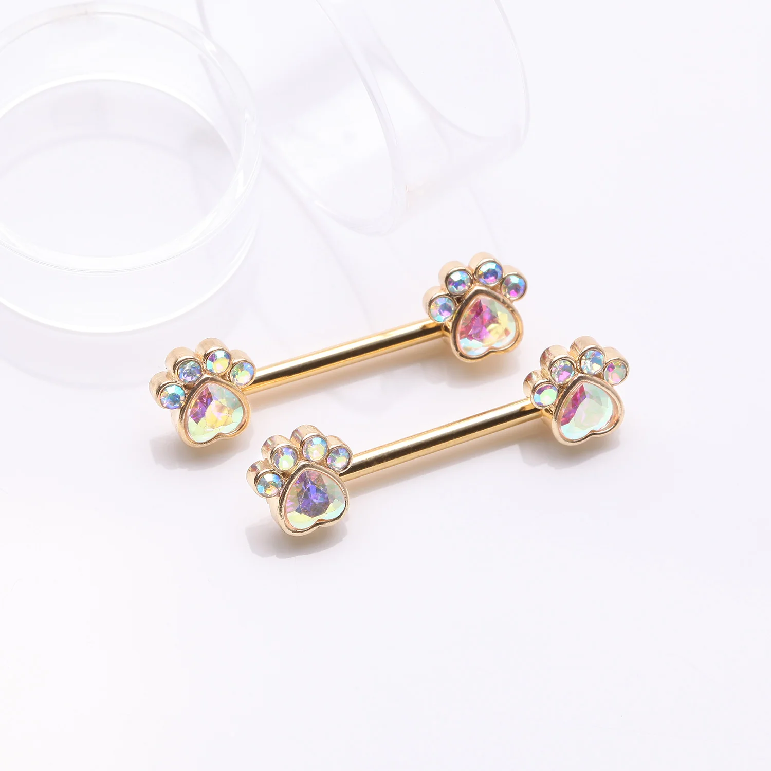 A Pair of Golden Sparkle Adorable Paws Nipple Barbell - Image 2