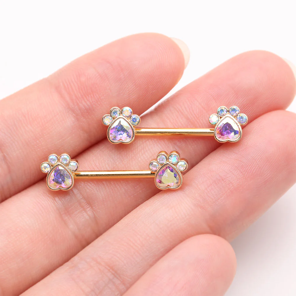 A Pair of Golden Sparkle Adorable Paws Nipple Barbell - Image 3