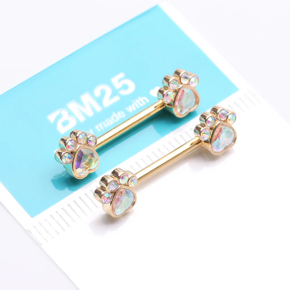 A Pair of Golden Sparkle Adorable Paws Nipple Barbell - Image 4