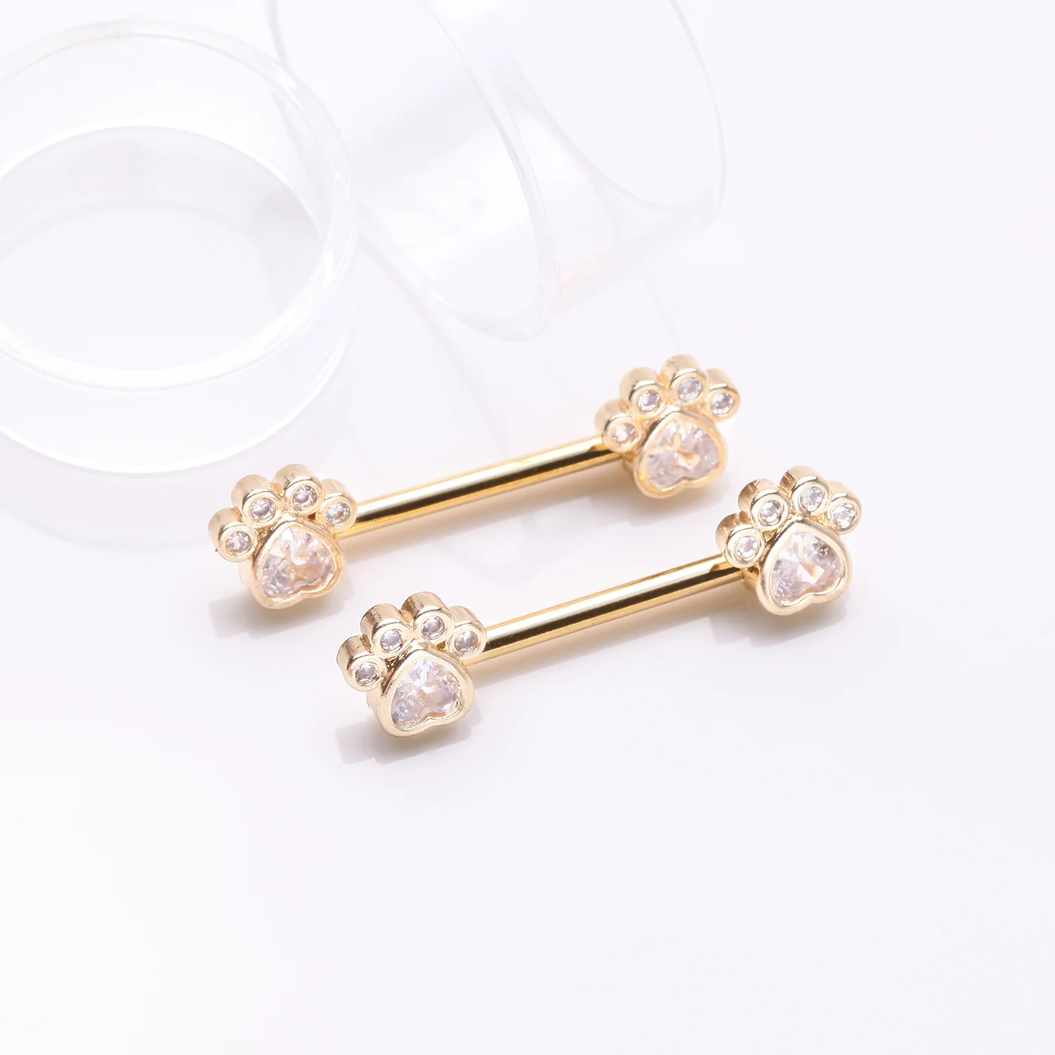 A Pair of Golden Sparkle Adorable Paws Nipple Barbell - Image 2