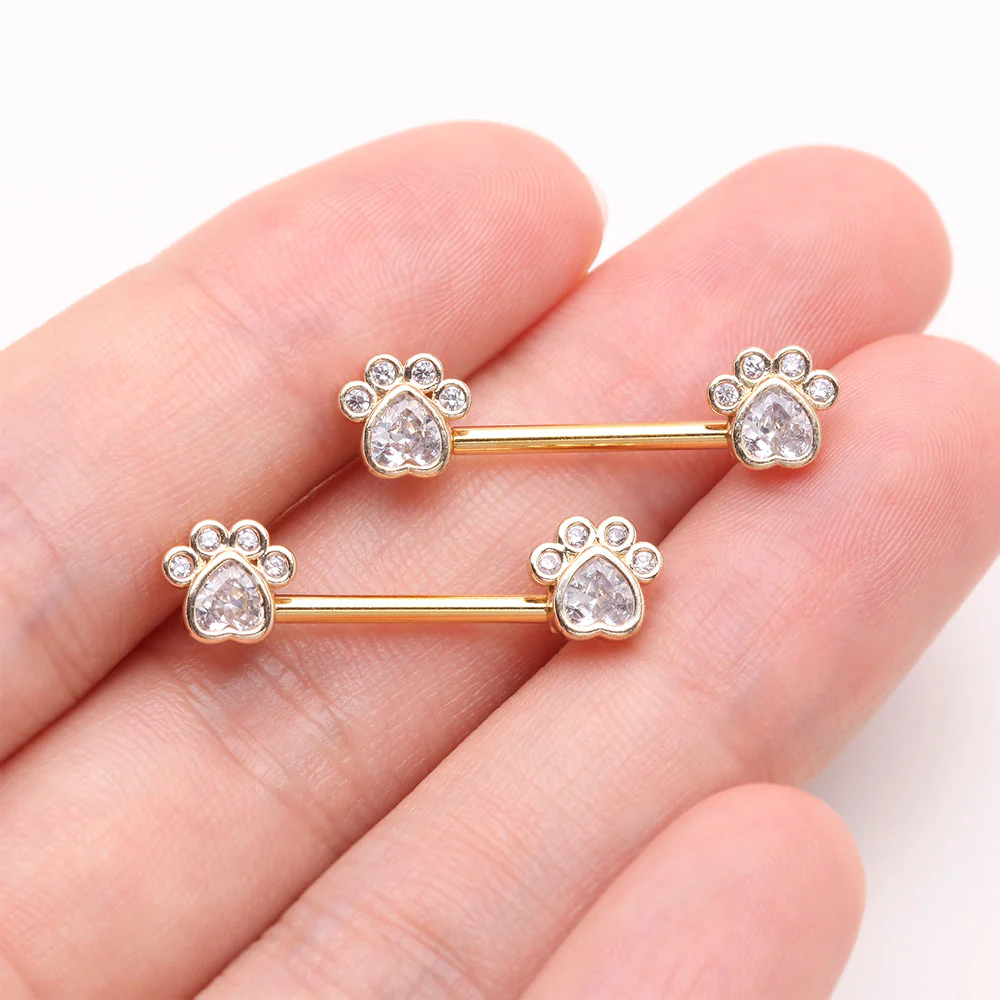 A Pair of Golden Sparkle Adorable Paws Nipple Barbell - Image 3
