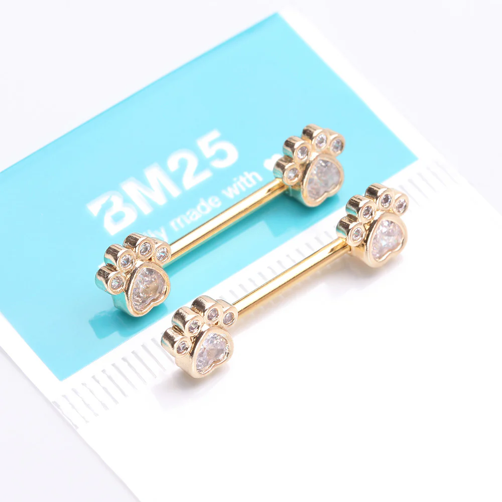 A Pair of Golden Sparkle Adorable Paws Nipple Barbell - Image 4