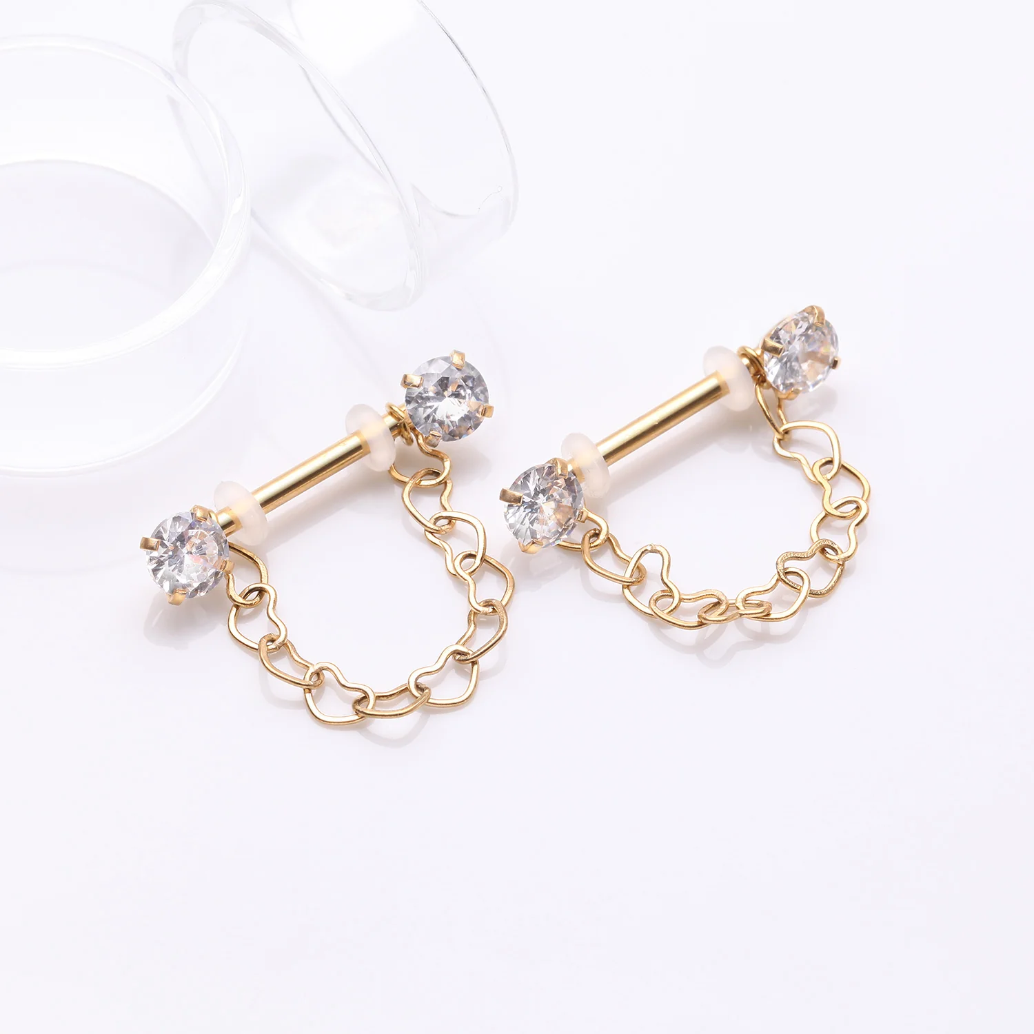 A Pair of Golden Sparkle Chained Hollow Heart Internally Threaded Nipple Barbell - Image 2