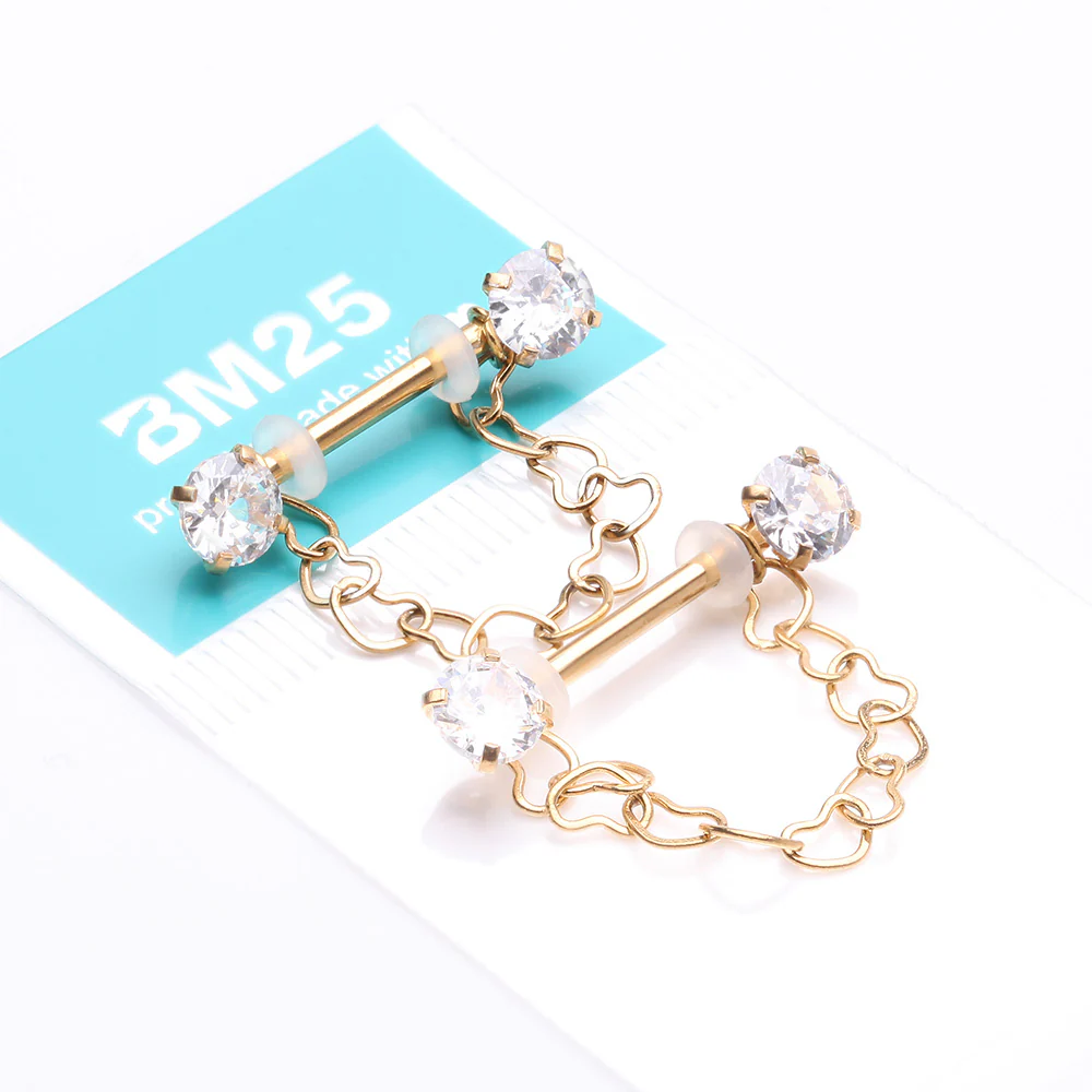 A Pair of Golden Sparkle Chained Hollow Heart Internally Threaded Nipple Barbell - Image 4
