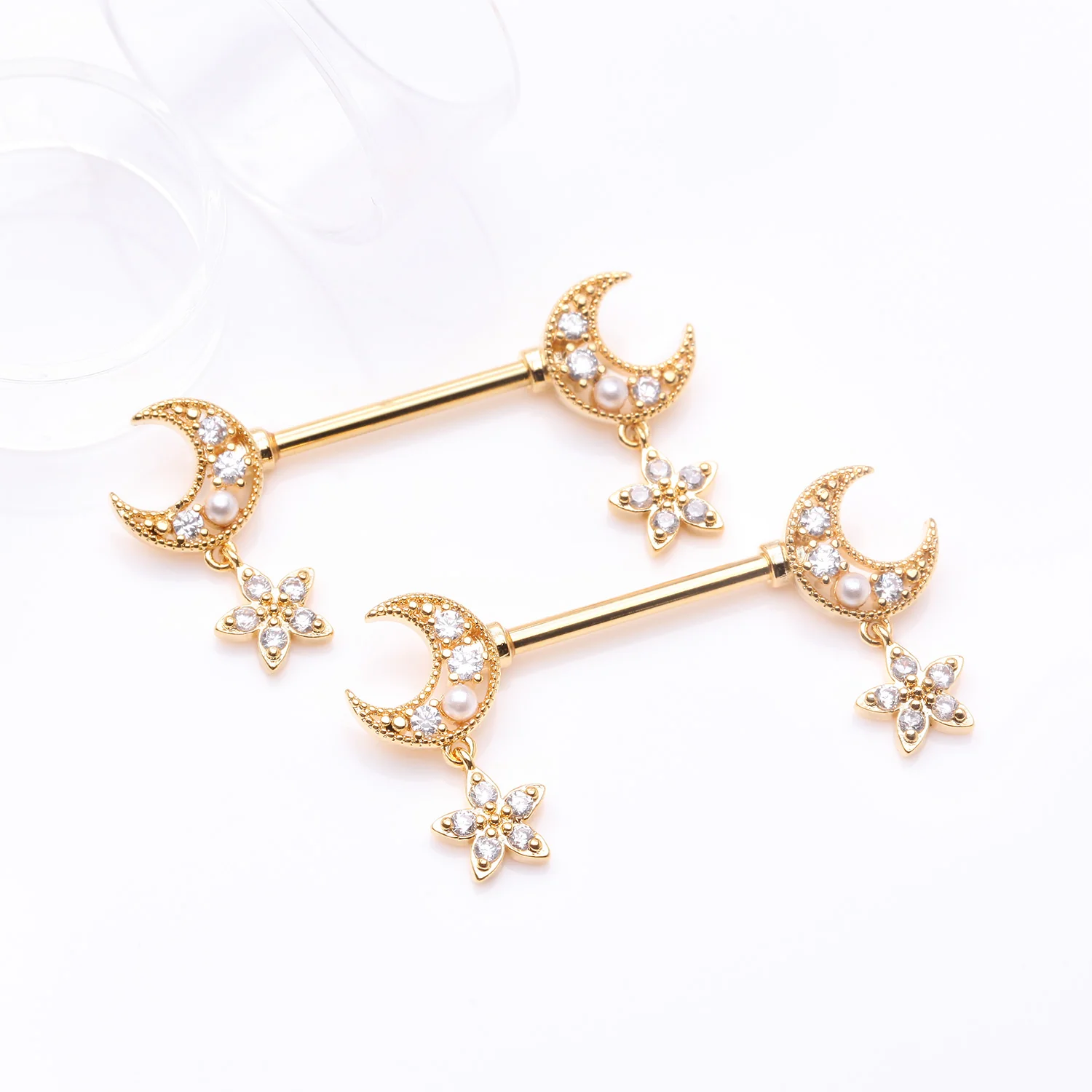 A Pair of Golden Sparkle Crescent Moon Twinkle Dangle Nipple Barbell - Image 2