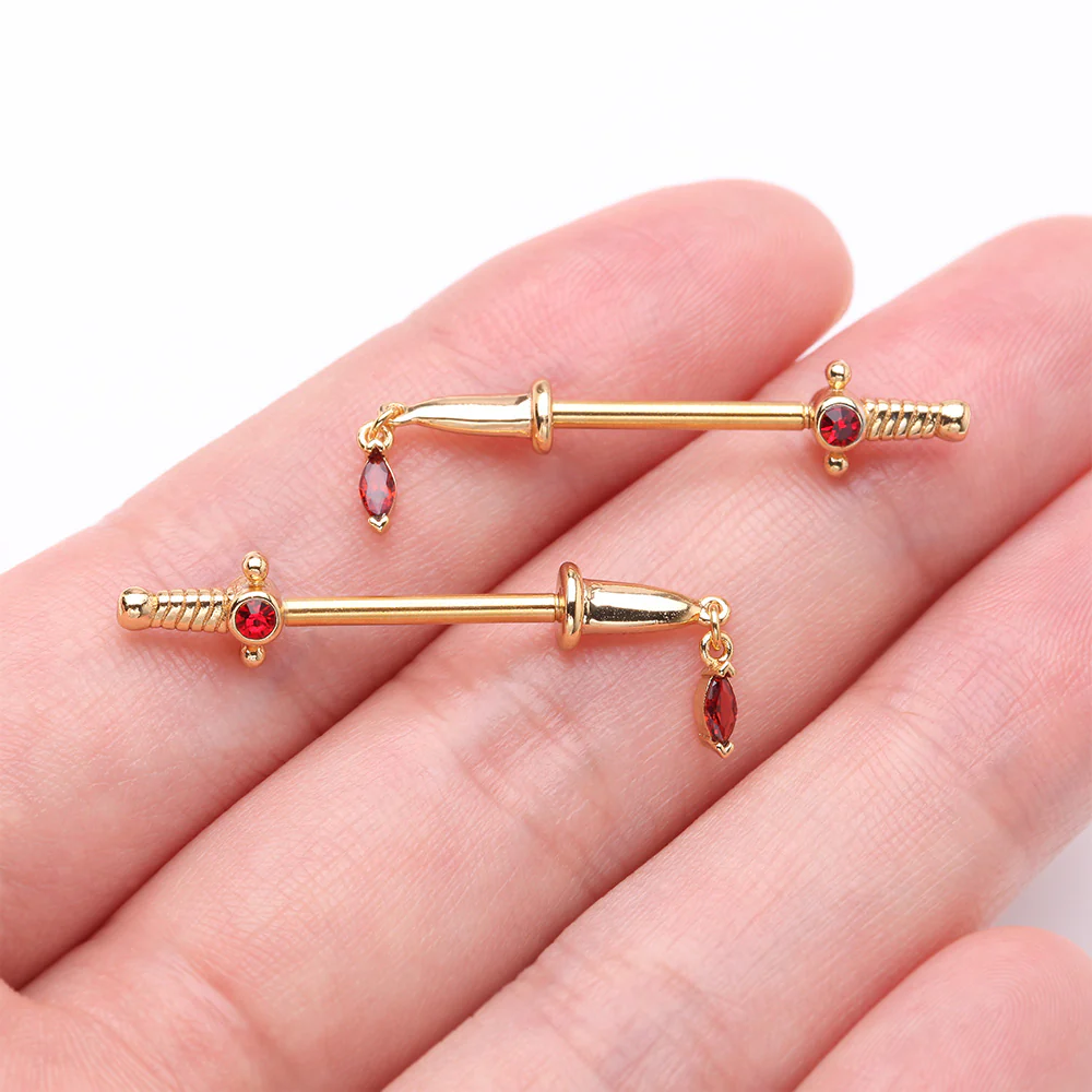 A Pair of Golden Sparkle Dagger Dangle Nipple Barbell Ring-Red - Image 3