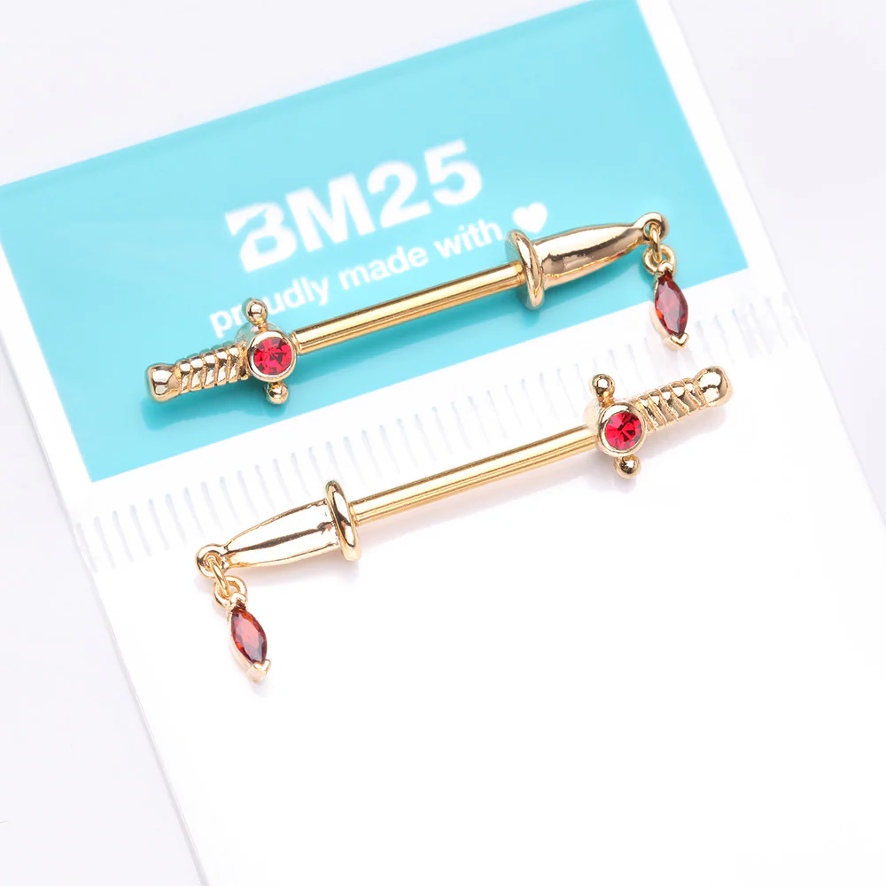 A Pair of Golden Sparkle Dagger Dangle Nipple Barbell Ring-Red - Image 4