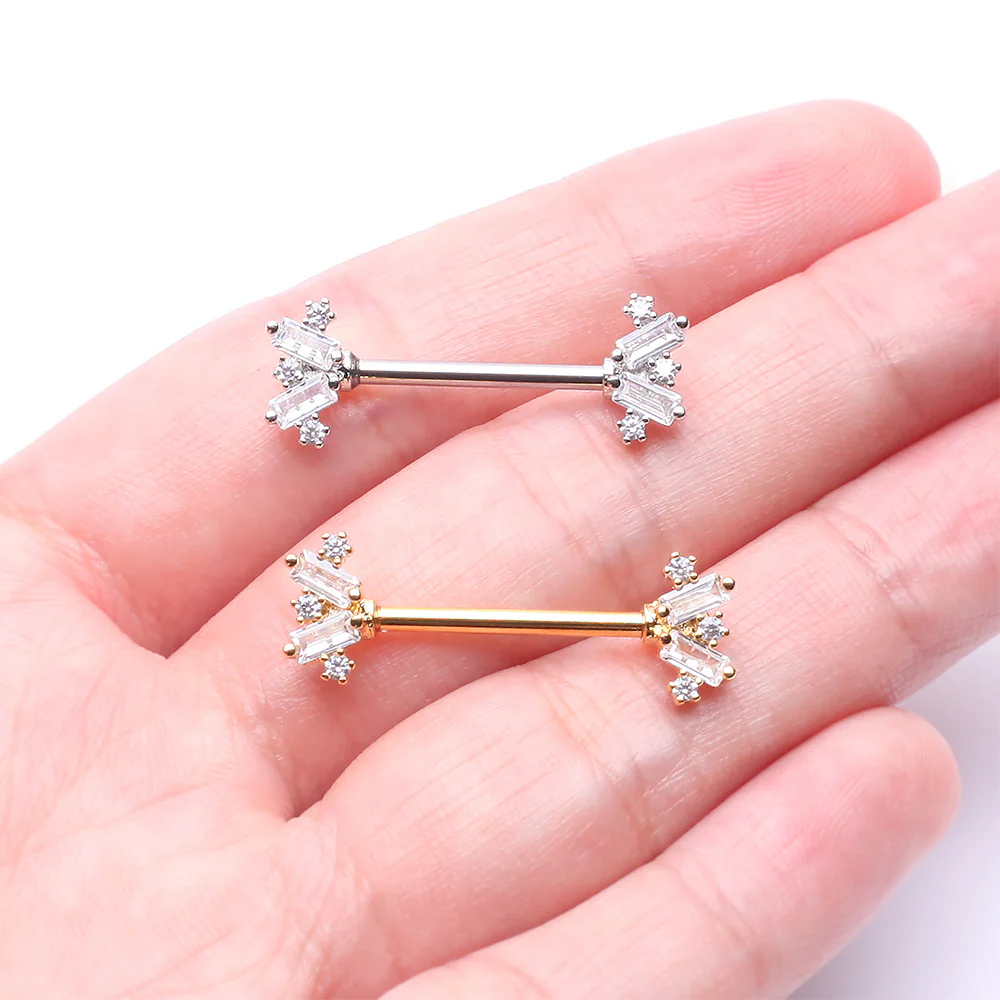 A Pair of Golden Sparkle Overload ZigZag Nipple Barbell - Image 4