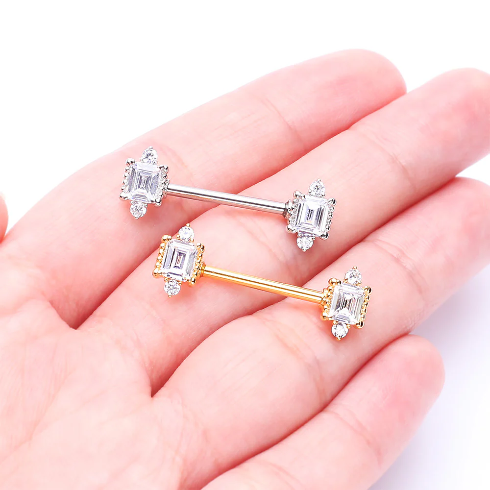 A Pair of Golden Sparkle Renaissance Princess Cut Nipple Barbell - Image 4