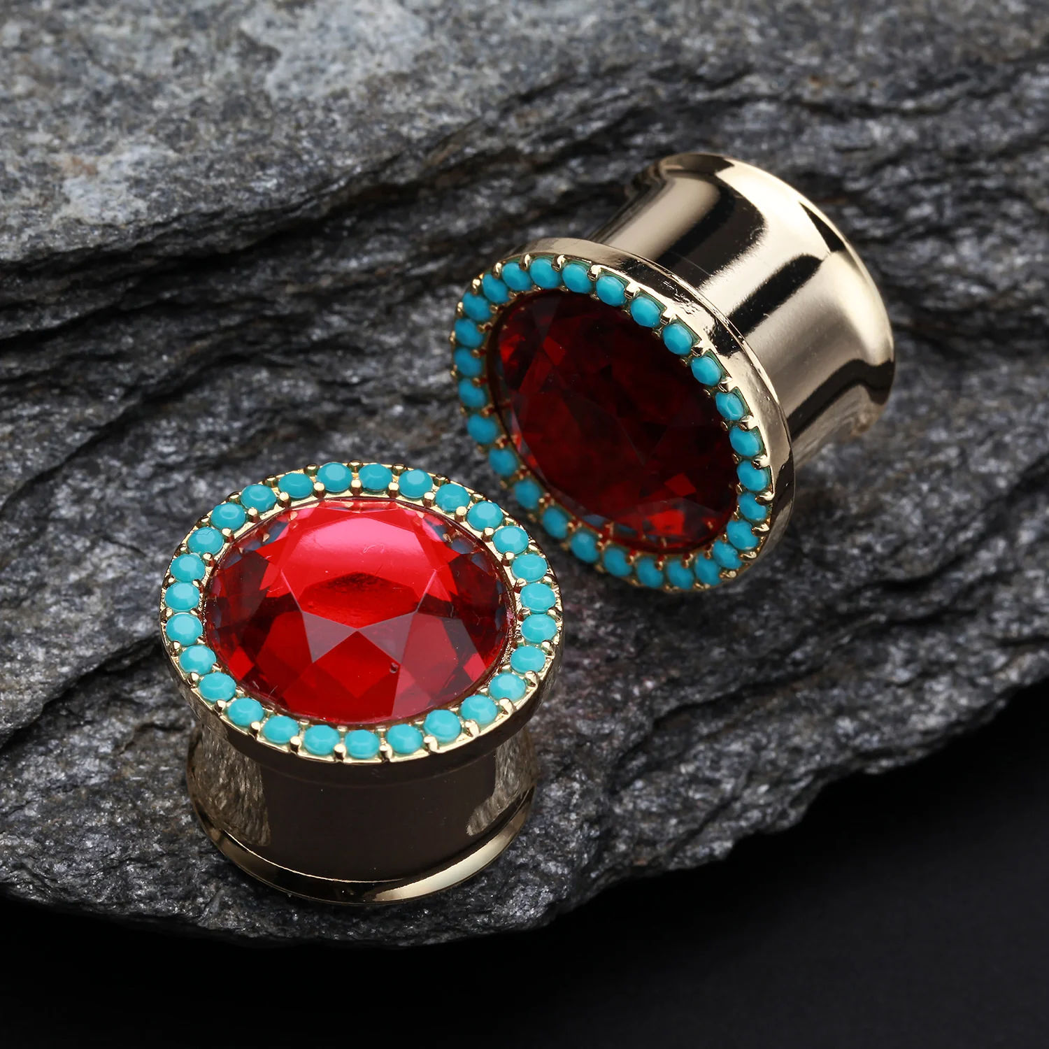 A Pair of Golden Sparkle Turquoise Steel Ear Gauge Plug - Image 2