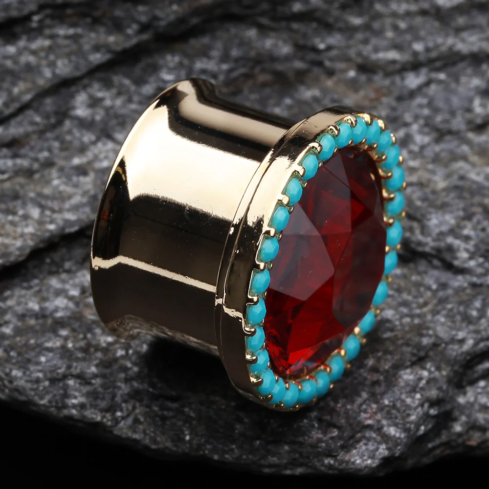 A Pair of Golden Sparkle Turquoise Steel Ear Gauge Plug - Image 4