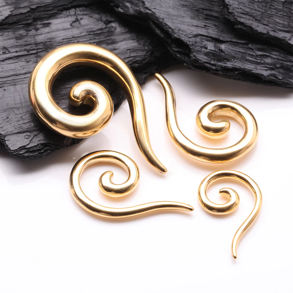 A Pair of Golden Steel Spiral Tail Ear Weight Hanger Plug - Image 3