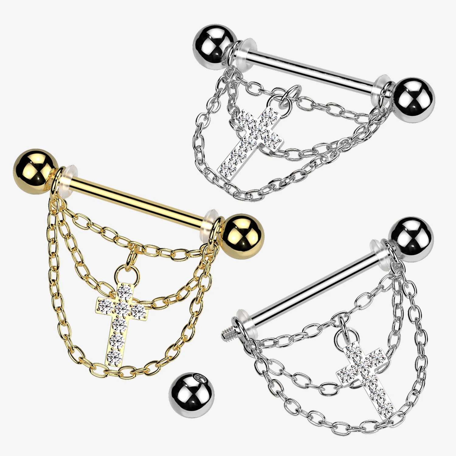 A Pair of Golden Triple Chained Sparkle Cross Nipple Barbell - Image 2