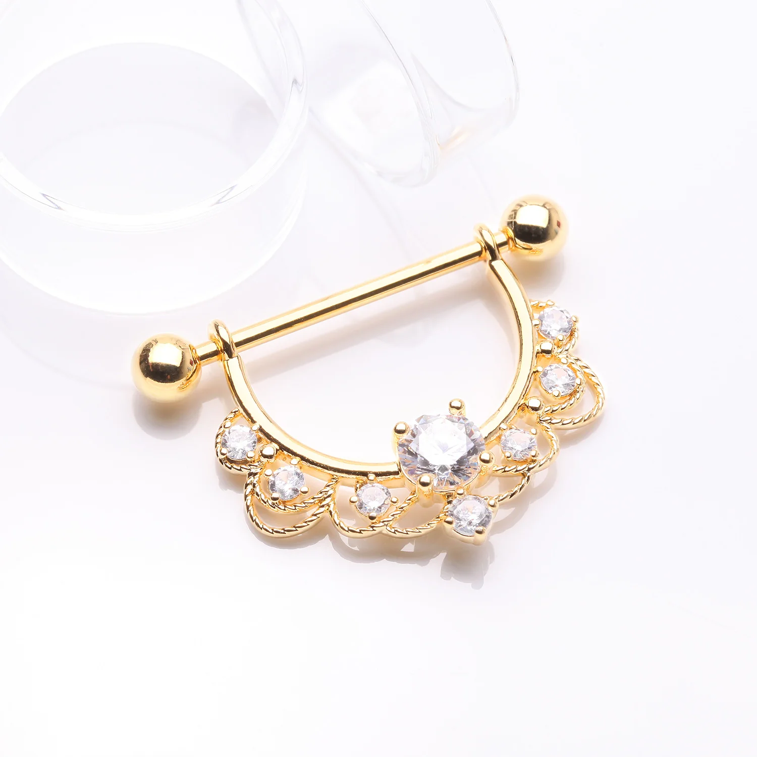 A Pair of Golden Turan Laced Multi-Gem Sparkle Dangle Nipple Barbell Ring - Image 2