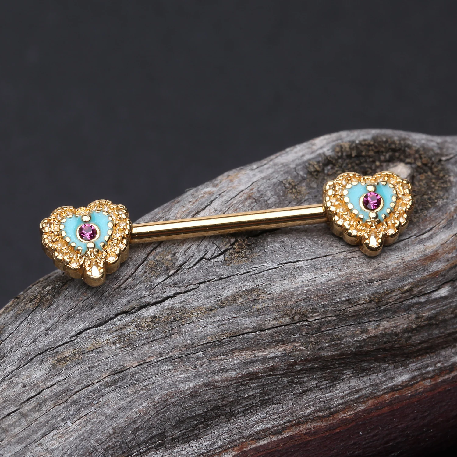 A Pair of Golden Victorian Filigree Heart Nipple Barbell - Image 2