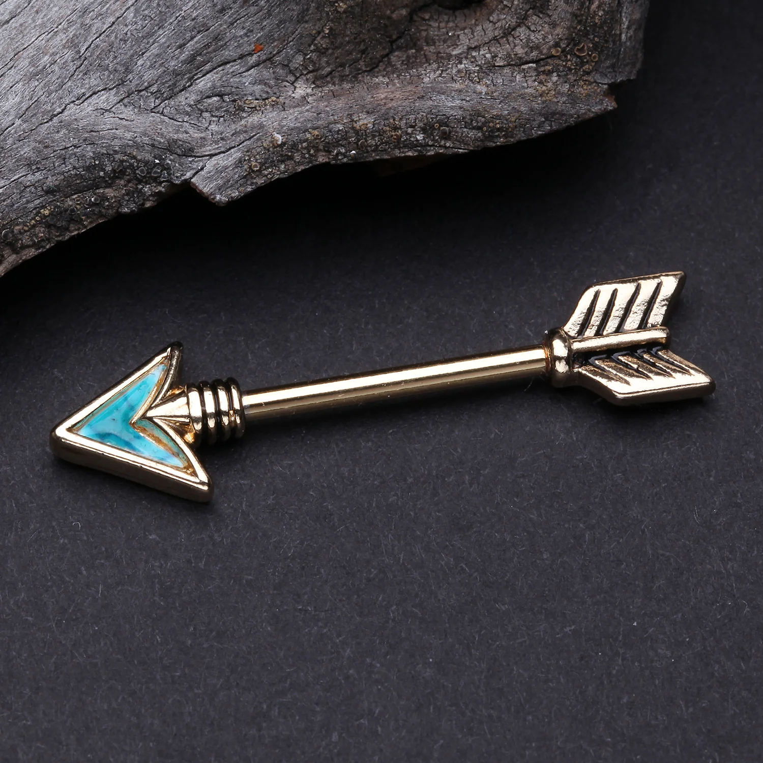 A Pair of Golden Vintage Arrow Turquoise Nipple Barbell - Image 2