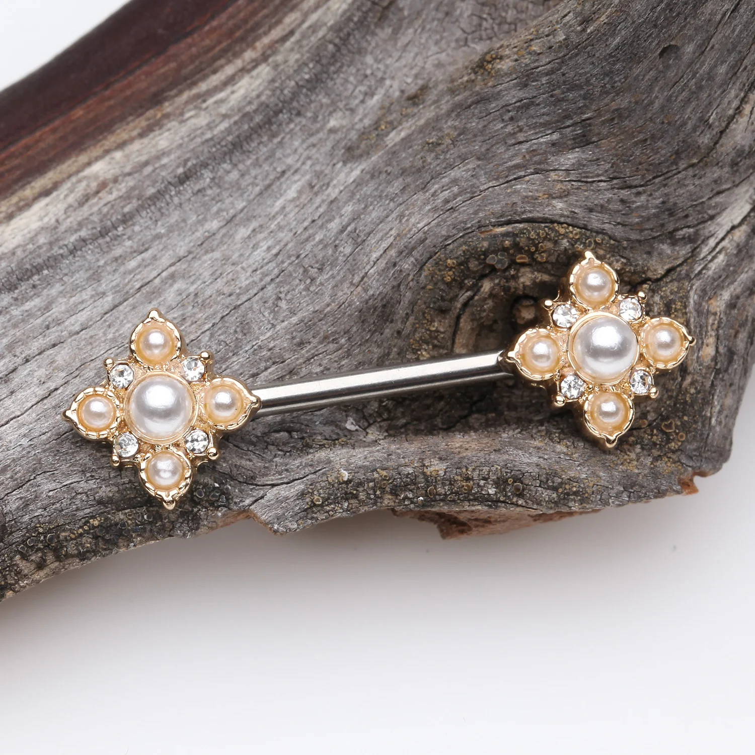 A Pair of Golden Vintage Pearlescent Sparkle Floral Nipple Barbell - Image 2