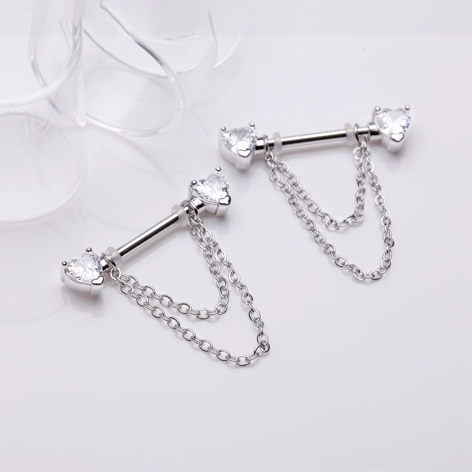 A Pair of Heart Gem Sparkle Double Chained Nipple Barbell - Image 2