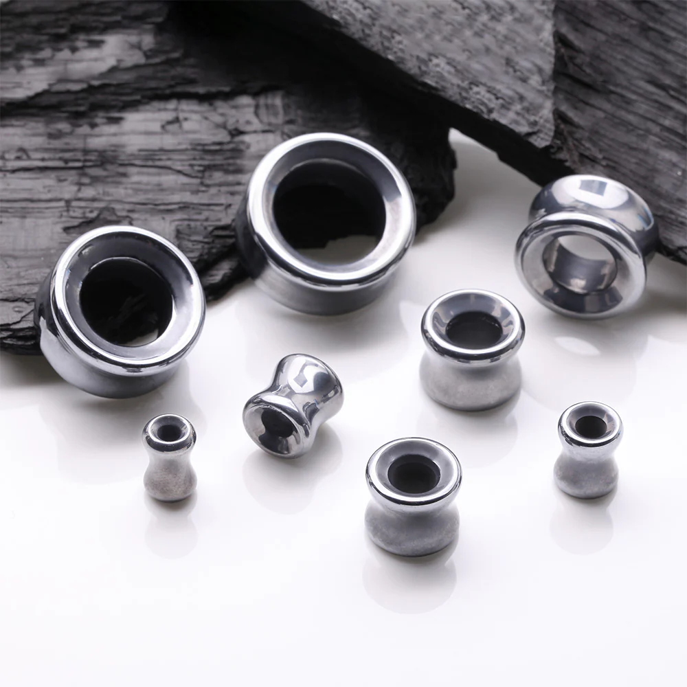 A Pair of Hematite Stone Double Flared Eyelet Tunnel Plug - Image 3