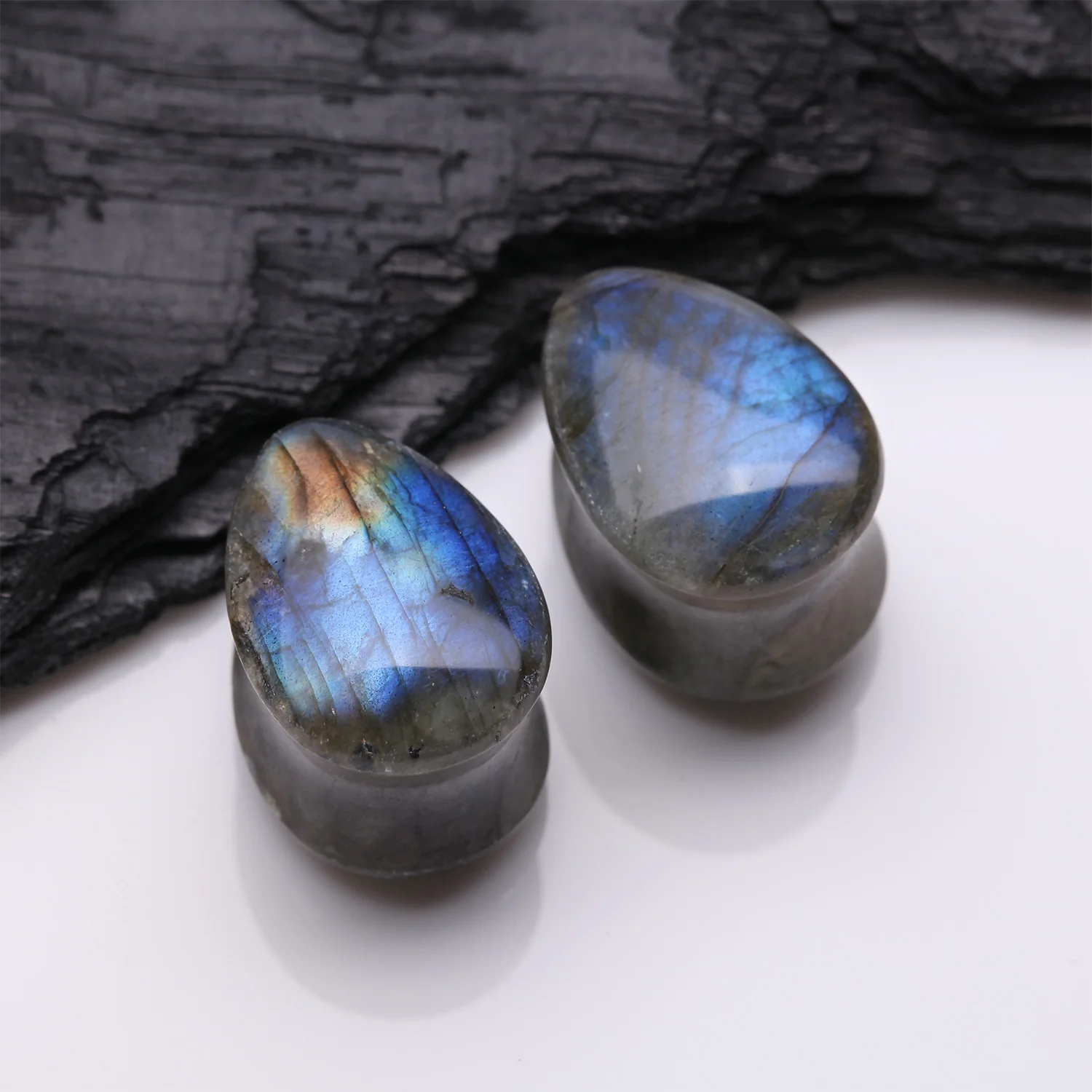 A Pair Of High Grade Labradorite Teardrop Convex Stone Double Flared Plug - Image 2
