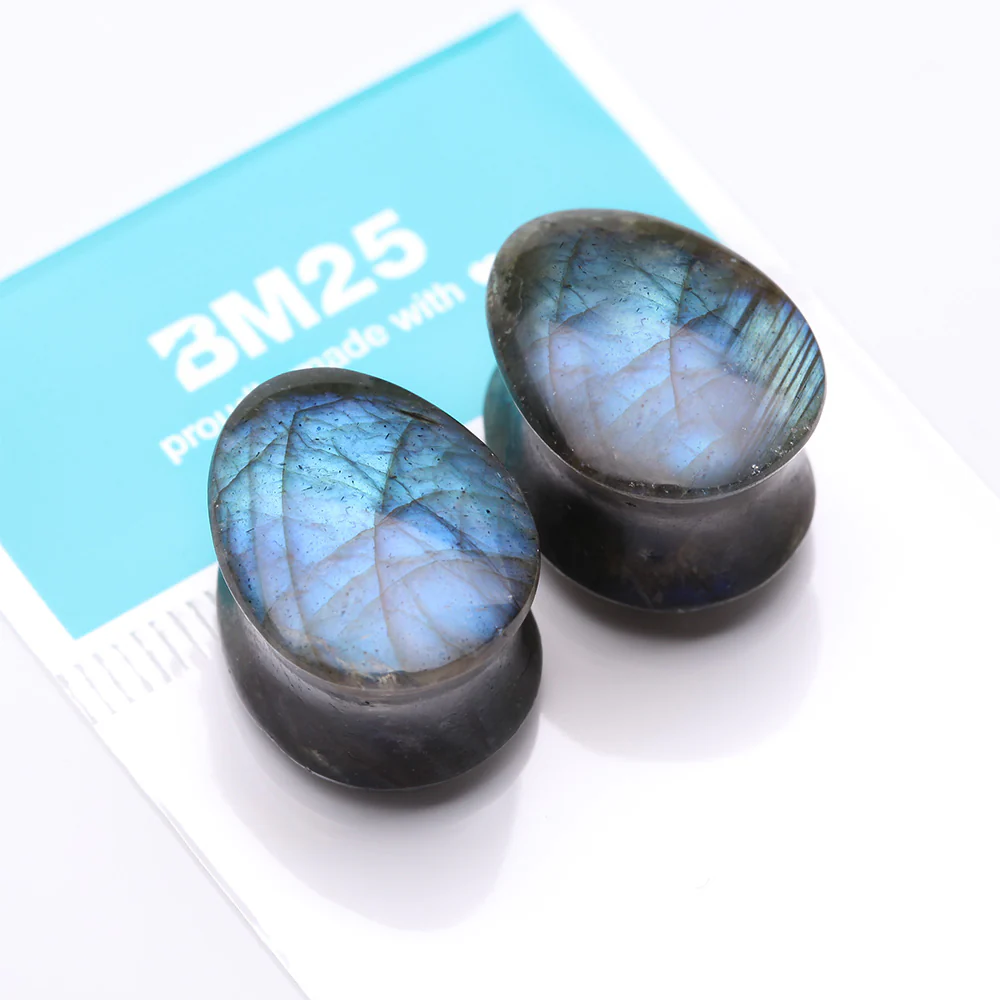 A Pair Of High Grade Labradorite Teardrop Convex Stone Double Flared Plug - Image 4