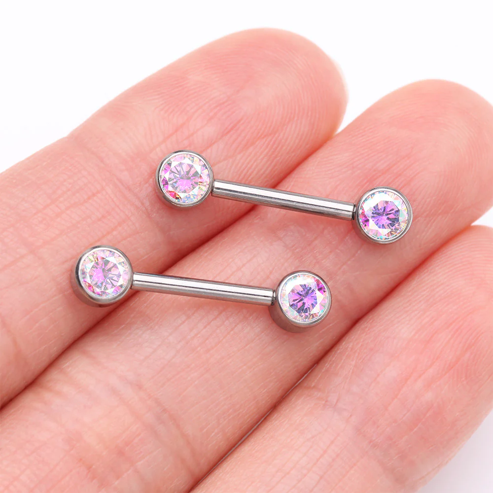 A Pair of Implant Grade Titanium Bezel Set Sparkle Internally Threaded Nipple Barbell - Image 3