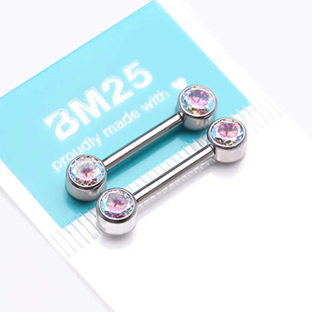 A Pair of Implant Grade Titanium Bezel Set Sparkle Internally Threaded Nipple Barbell - Image 4