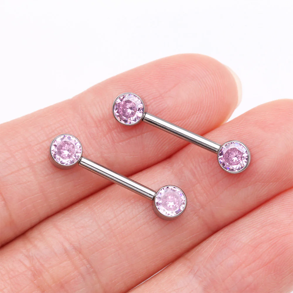 A Pair of Implant Grade Titanium Bezel Set Sparkle Internally Threaded Nipple Barbell - Image 3