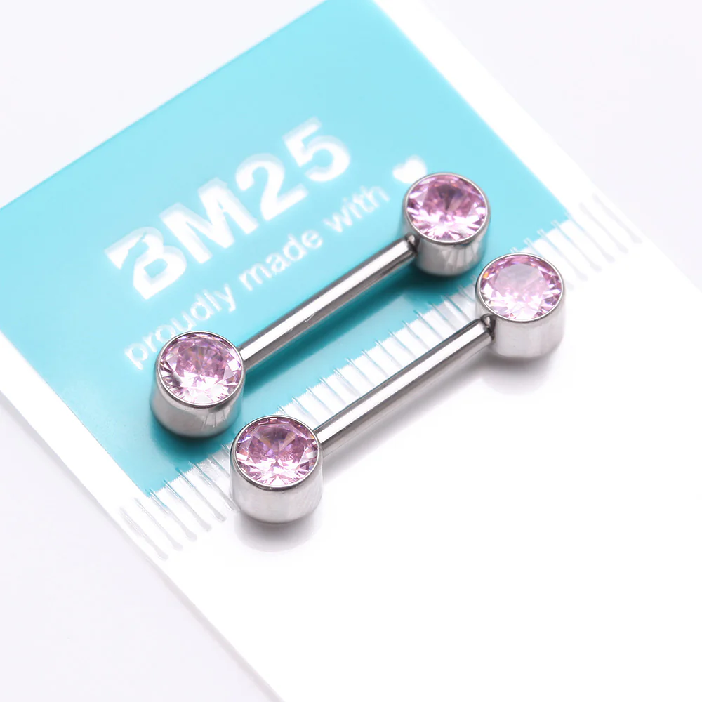 A Pair of Implant Grade Titanium Bezel Set Sparkle Internally Threaded Nipple Barbell - Image 4