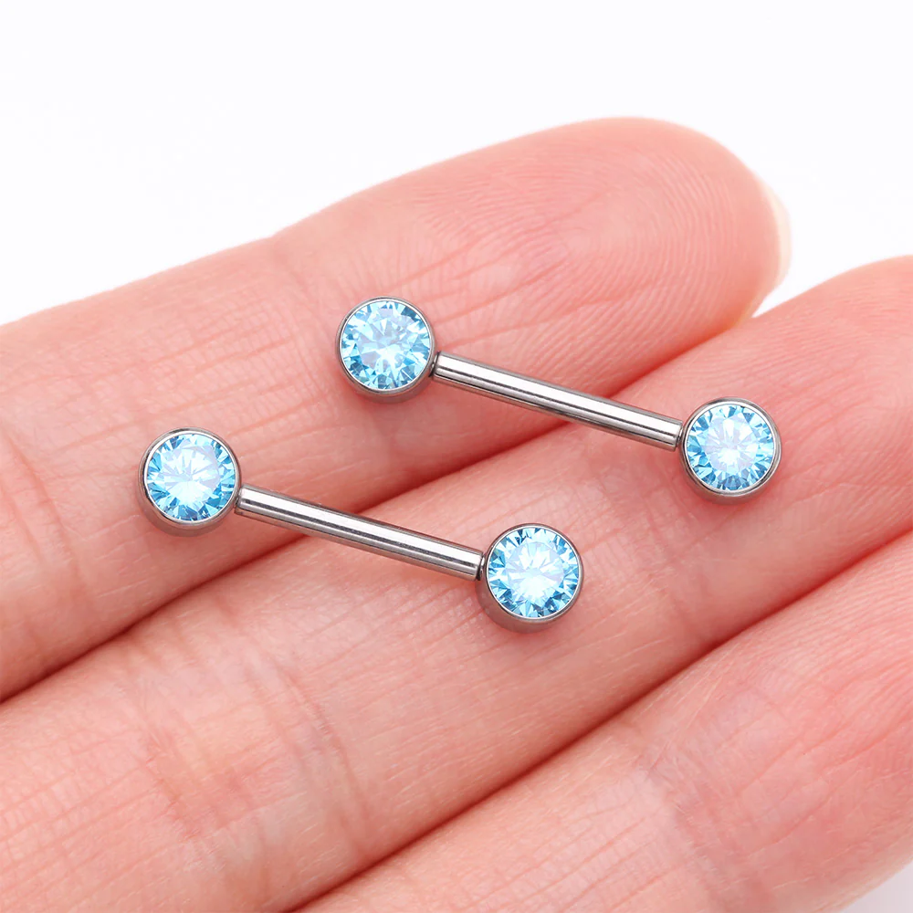 A Pair of Implant Grade Titanium Bezel Set Sparkle Internally Threaded Nipple Barbell - Image 3
