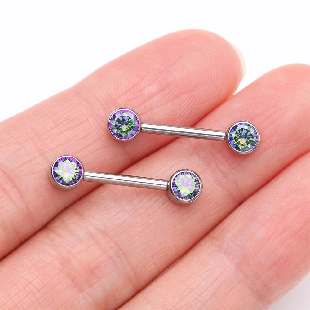 A Pair of Implant Grade Titanium Bezel Set Sparkle Internally Threaded Nipple Barbell - Image 3