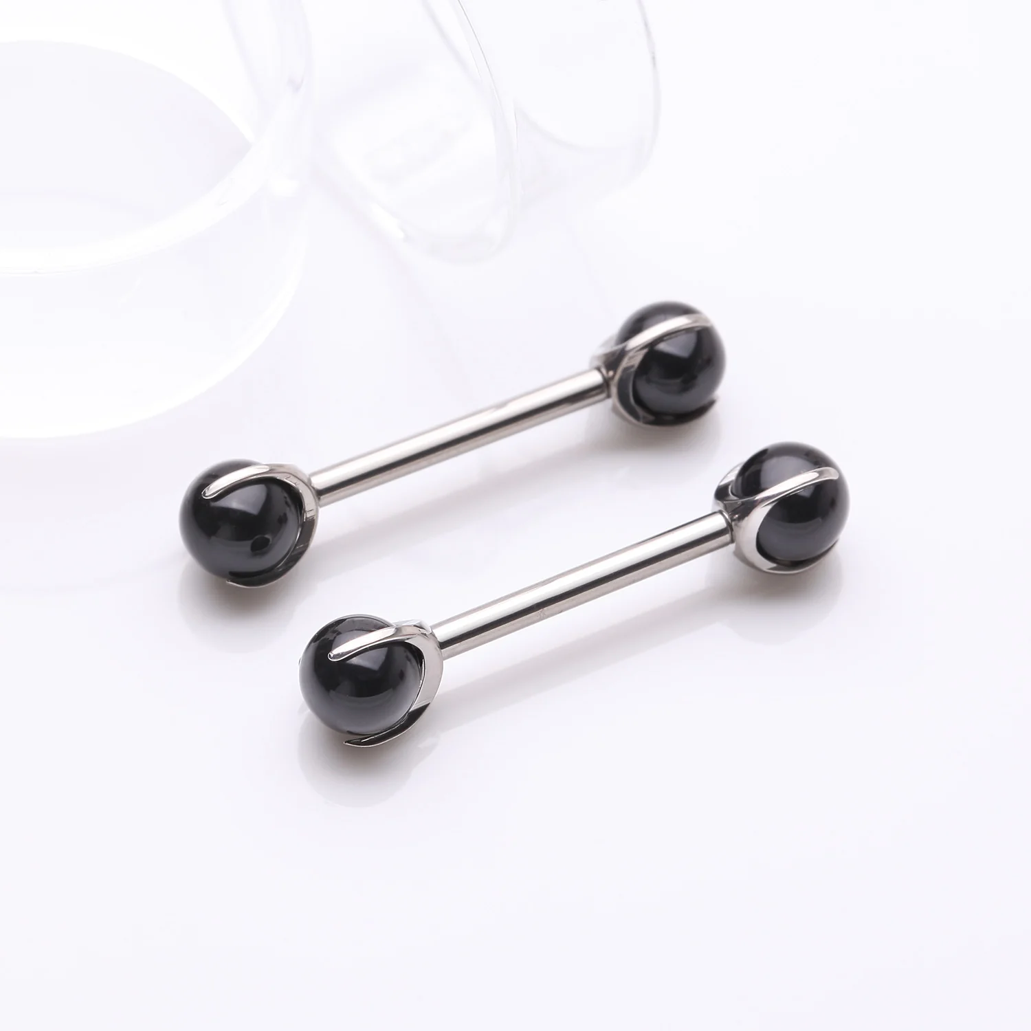 A Pair of Implant Grade Titanium Black Onyx Stone Ball Claw Prong Internally Threaded Nipple Barbell - Image 2