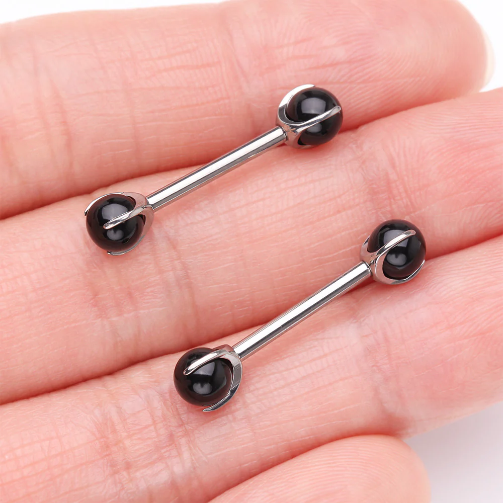A Pair of Implant Grade Titanium Black Onyx Stone Ball Claw Prong Internally Threaded Nipple Barbell - Image 3