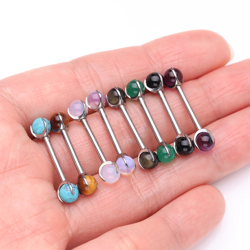 A Pair of Implant Grade Titanium Black Onyx Stone Ball Claw Prong Internally Threaded Nipple Barbell - Image 4