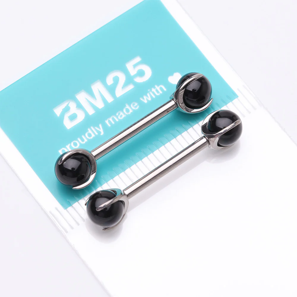 A Pair of Implant Grade Titanium Black Onyx Stone Ball Claw Prong Internally Threaded Nipple Barbell - Image 5