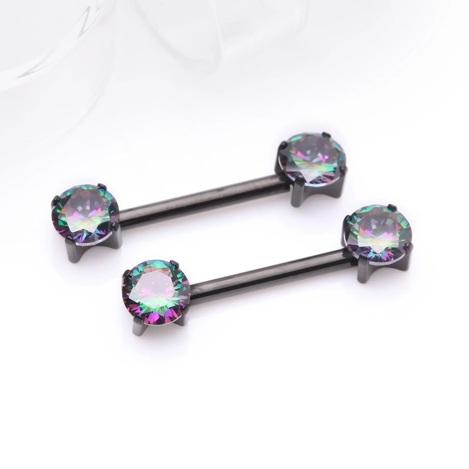 A Pair of Implant Grade Titanium Blackline OneFit Threadless Prong Gem Sparkle Nipple Barbell - Image 2