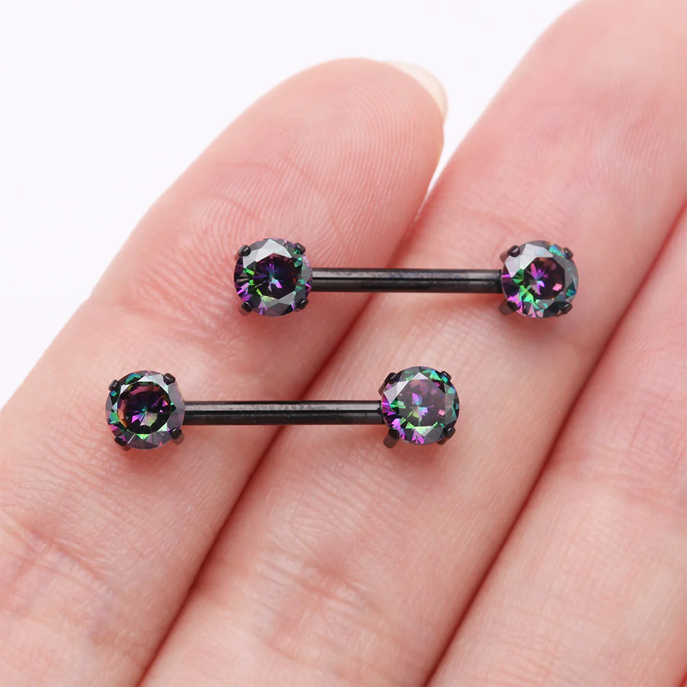 A Pair of Implant Grade Titanium Blackline OneFit Threadless Prong Gem Sparkle Nipple Barbell - Image 3