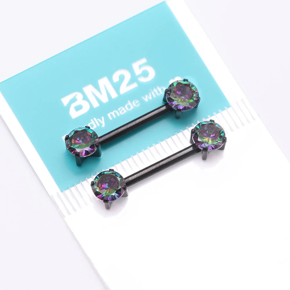 A Pair of Implant Grade Titanium Blackline OneFit Threadless Prong Gem Sparkle Nipple Barbell - Image 4