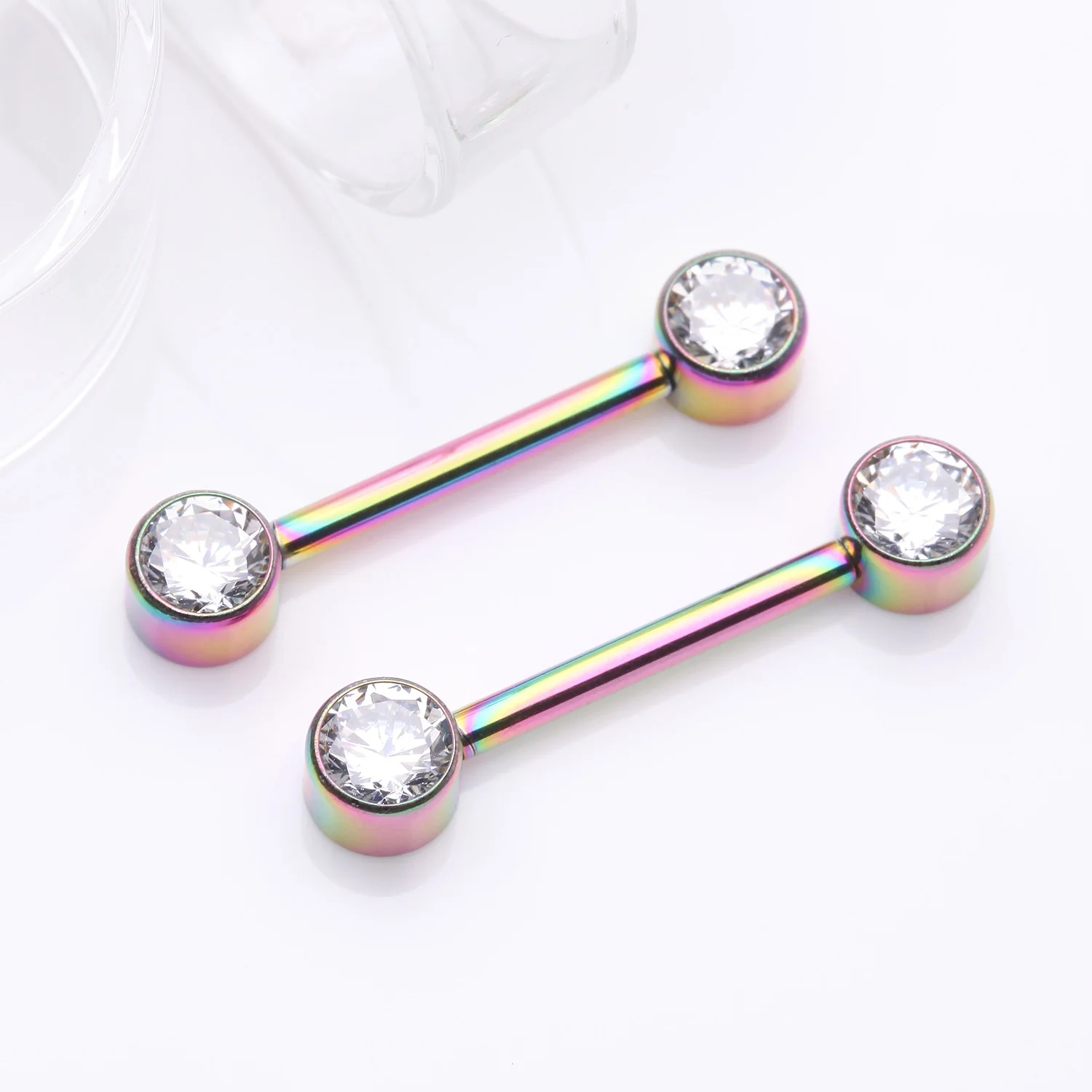 A Pair of Implant Grade Titanium Colorline Bezel Set Sparkle Internally Threaded Nipple Barbell - Image 2