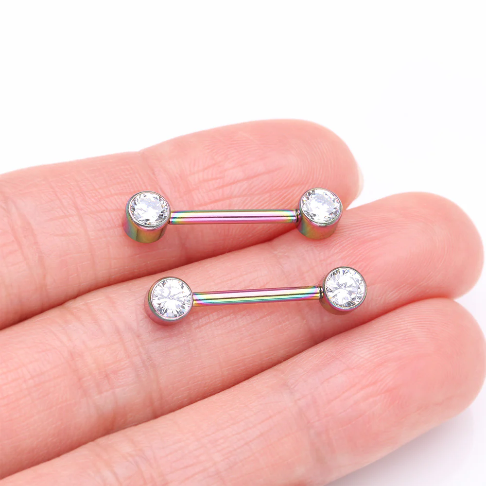A Pair of Implant Grade Titanium Colorline Bezel Set Sparkle Internally Threaded Nipple Barbell - Image 3