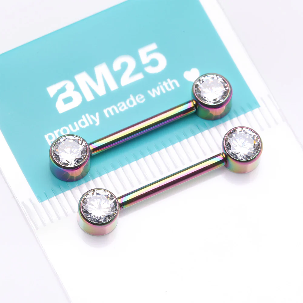 A Pair of Implant Grade Titanium Colorline Bezel Set Sparkle Internally Threaded Nipple Barbell - Image 4