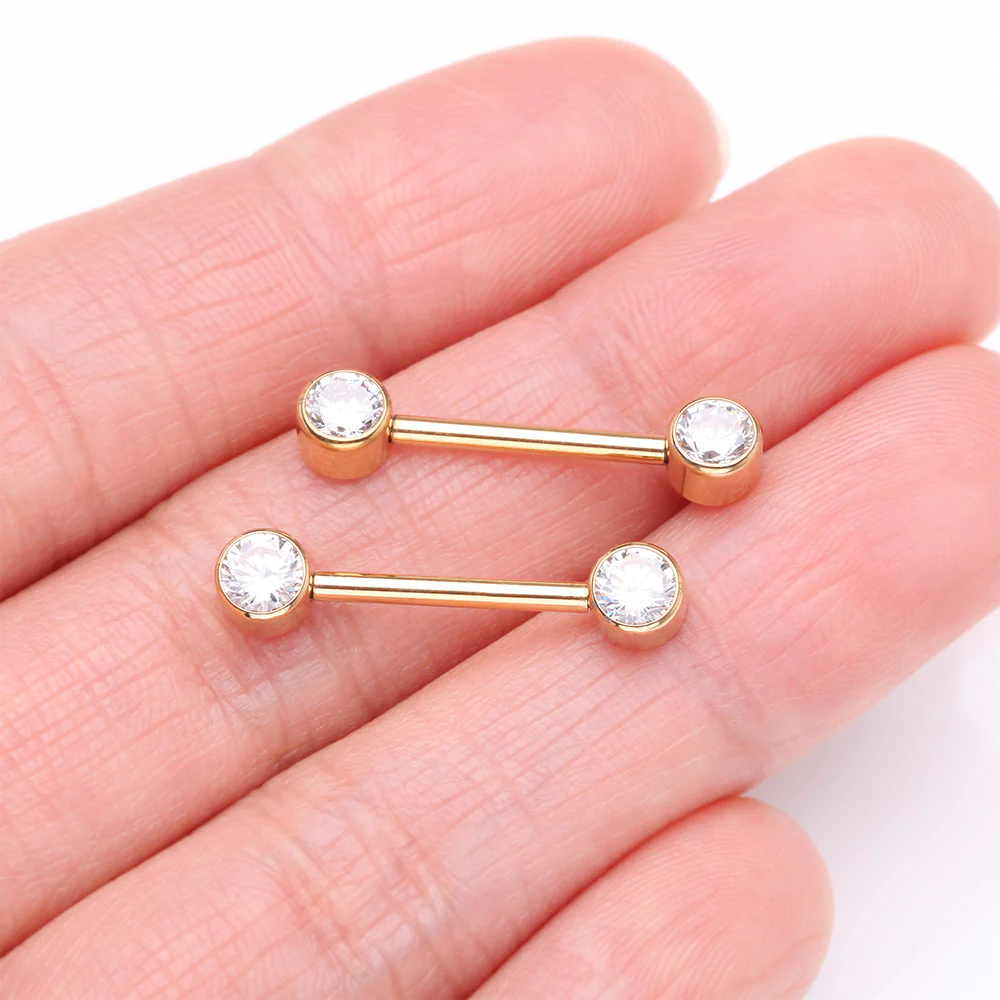 A Pair of Implant Grade Titanium Golden Bezel Set Sparkle Internally Threaded Nipple Barbell - Image 3