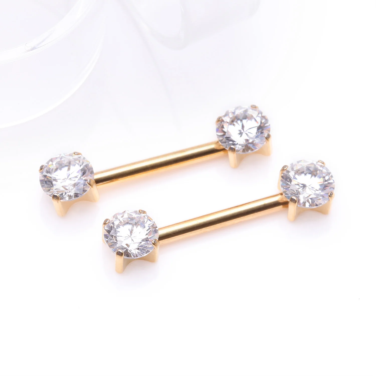 A Pair of Implant Grade Titanium Golden OneFit Threadless Prong Gem Sparkle Nipple Barbell - Image 2