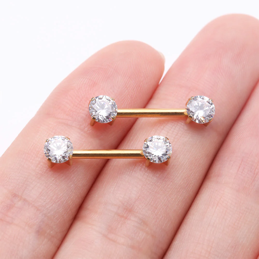 A Pair of Implant Grade Titanium Golden OneFit Threadless Prong Gem Sparkle Nipple Barbell - Image 3