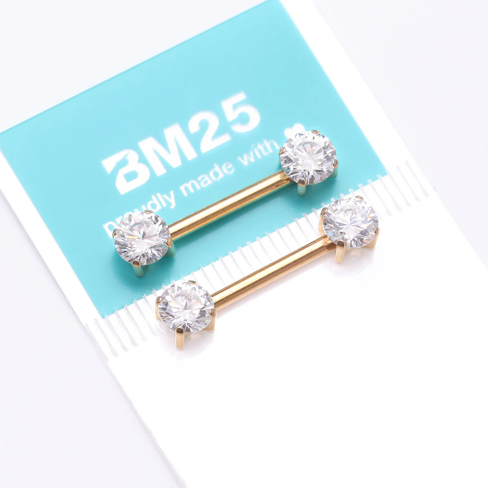 A Pair of Implant Grade Titanium Golden OneFit Threadless Prong Gem Sparkle Nipple Barbell - Image 4